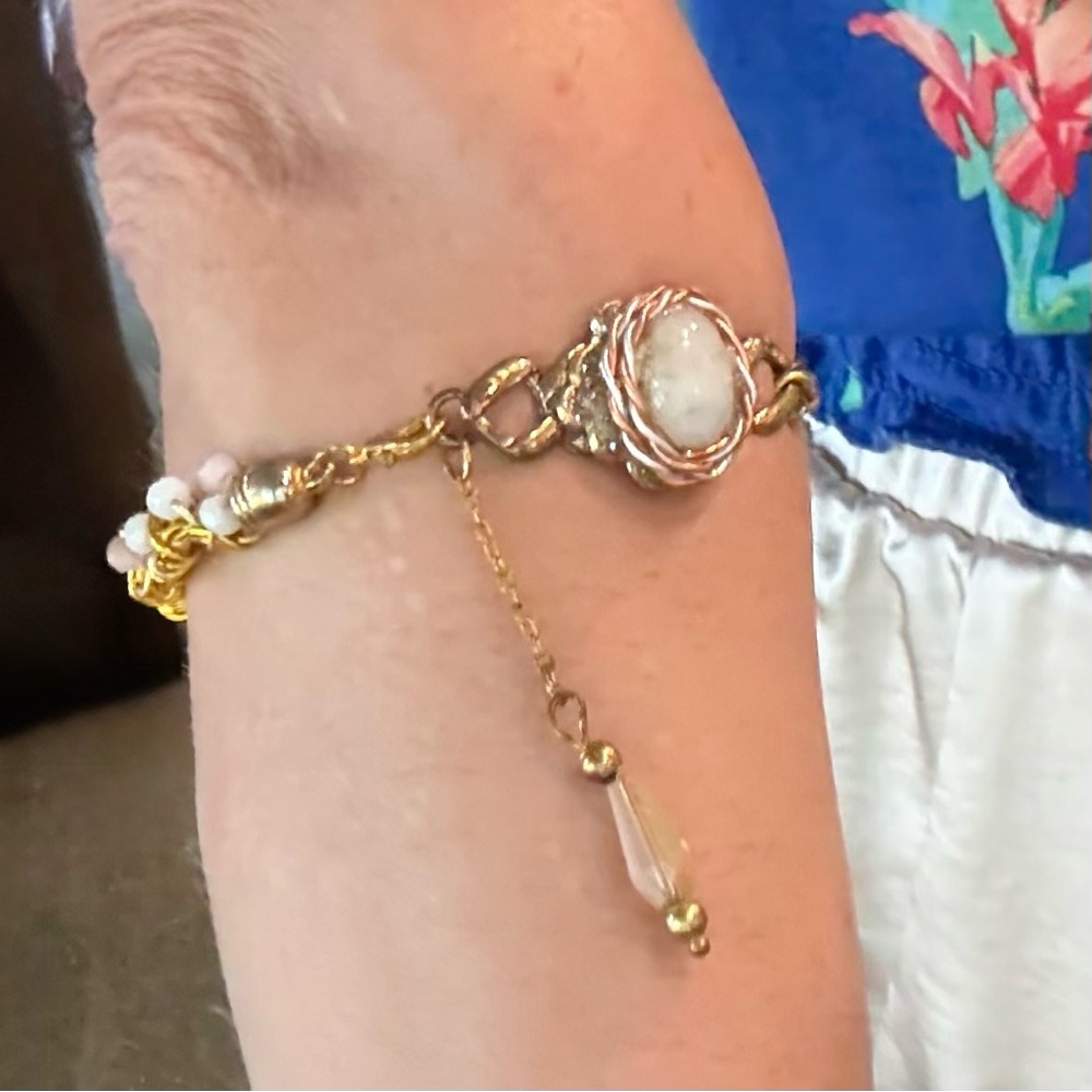 Mixed Metal Moonstone Gem Bracelet -Handmade -Adjustable - Picture 4 of 7
